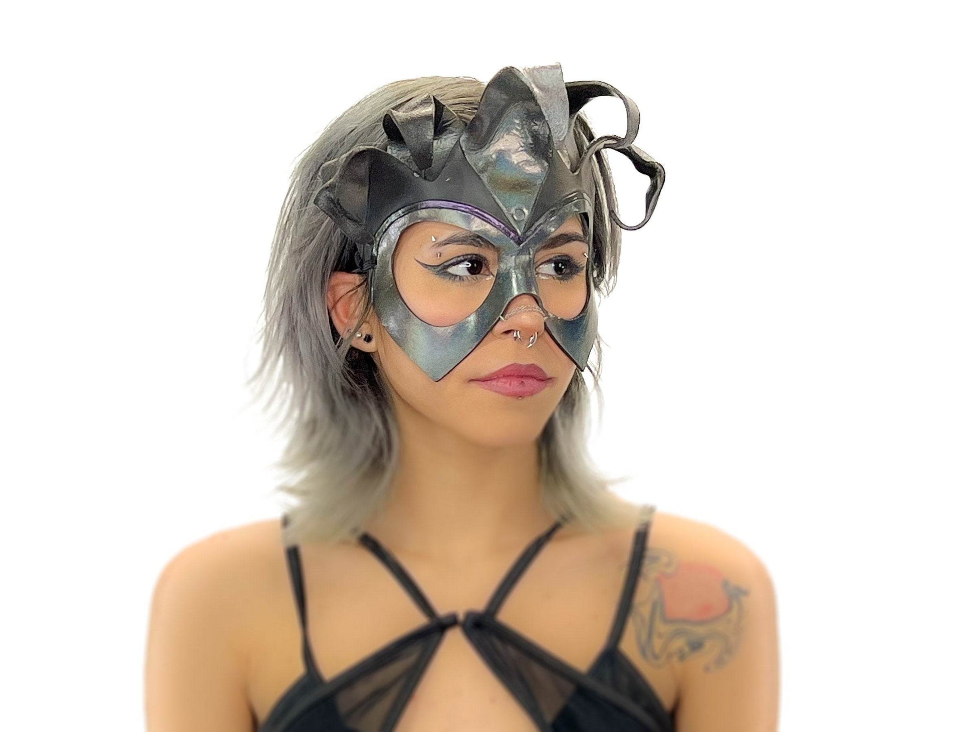 Handmade Genuine Leather Five Point Jester Mask in cosmic silver and Black No Bells - 