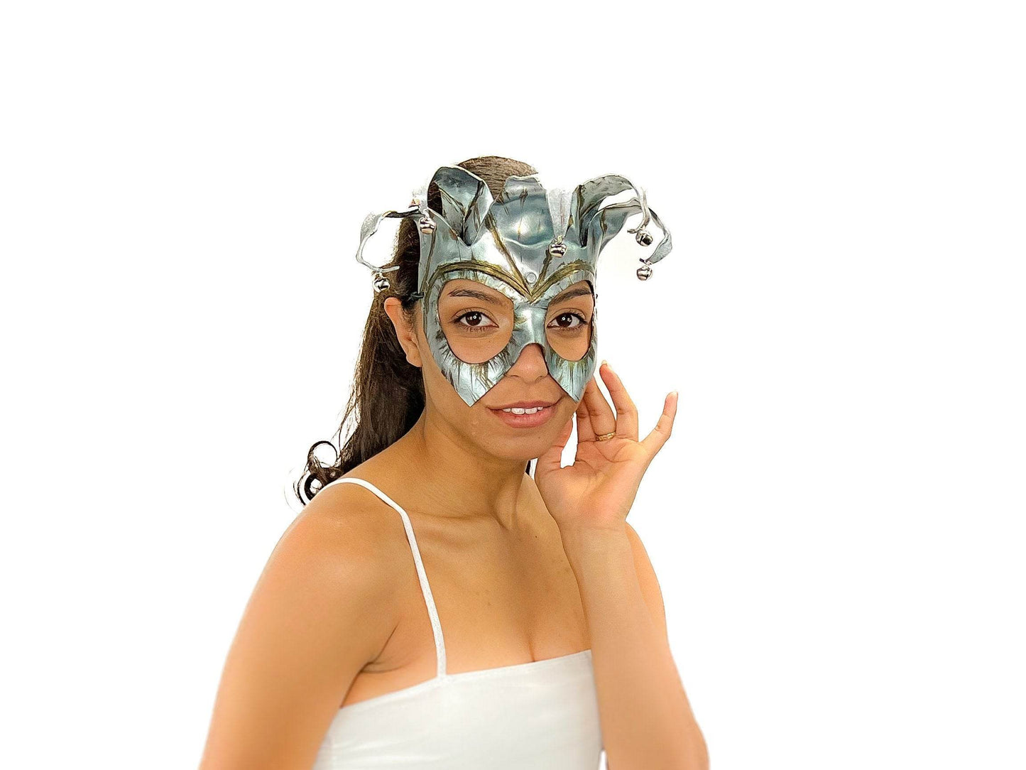 Handmade Genuine Leather Five Point Jester Mask in Patina Silver - 