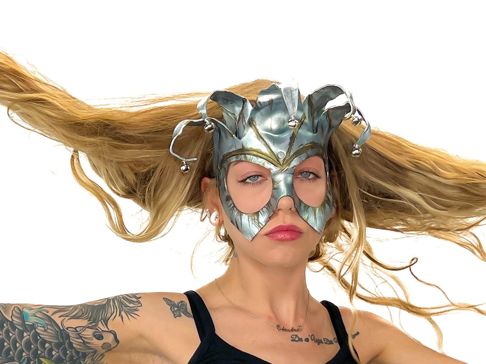 Handmade Genuine Leather Five Point Jester Mask in Patina Silver - 