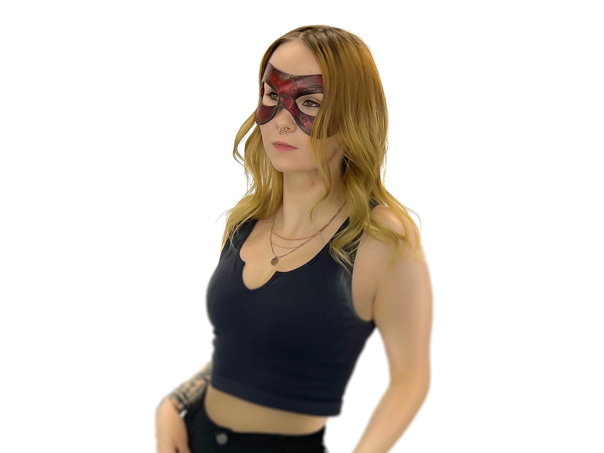 Ornate Masquerade Handmade Genuine Leather Eye Mask in Red and Black - 