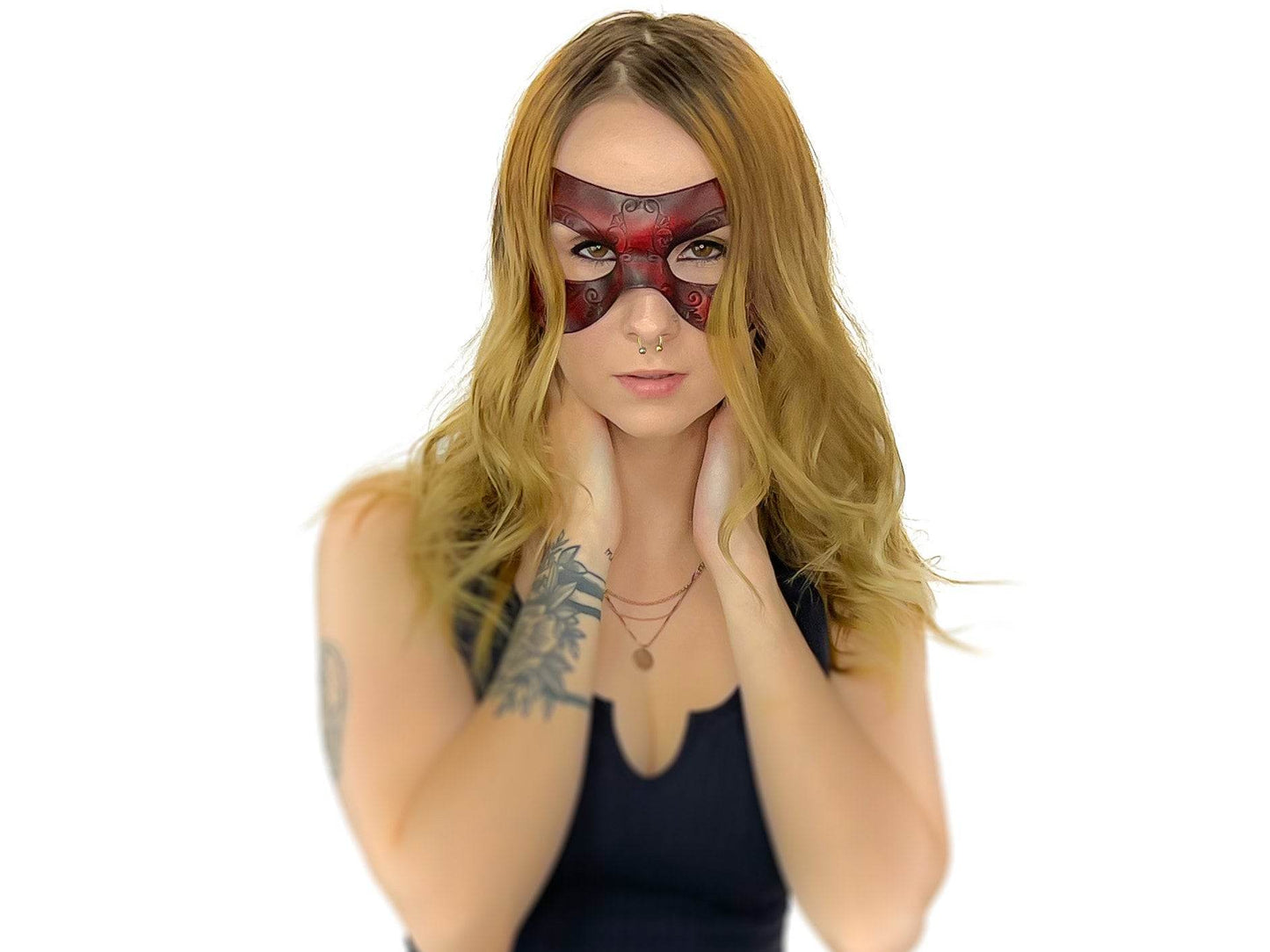 Ornate Masquerade Handmade Genuine Leather Eye Mask in Red and Black - 