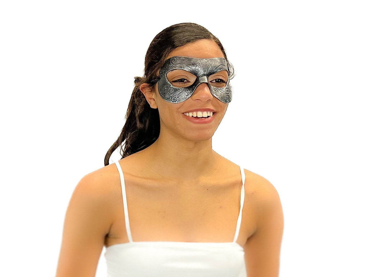 Ornate Masquerade Handmade Genuine Leather Eye Mask in Silver - 