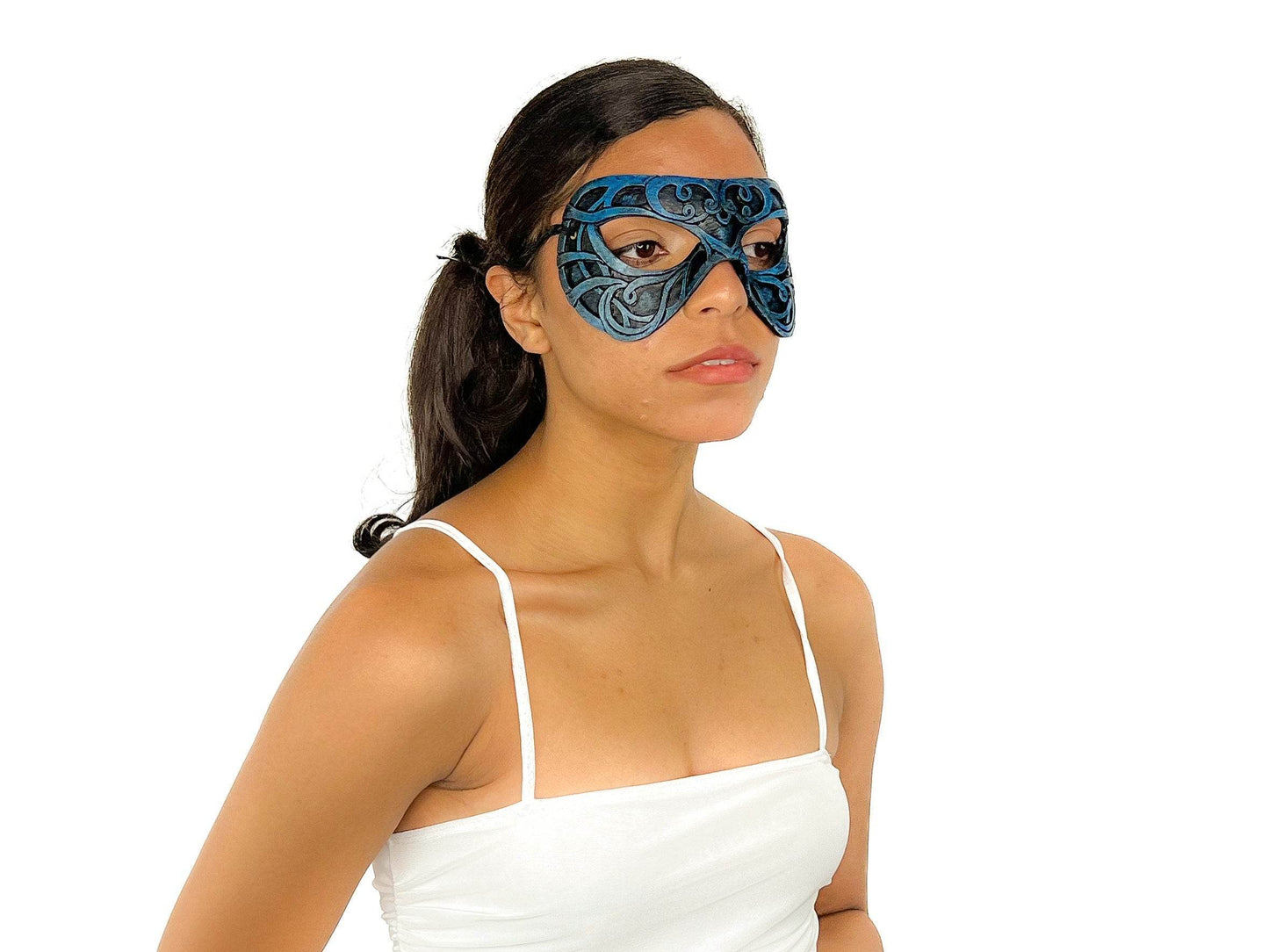 Dual Layer Ornate Masquerade Handmade Genuine Leather Eye Mask in Blue and Black - 