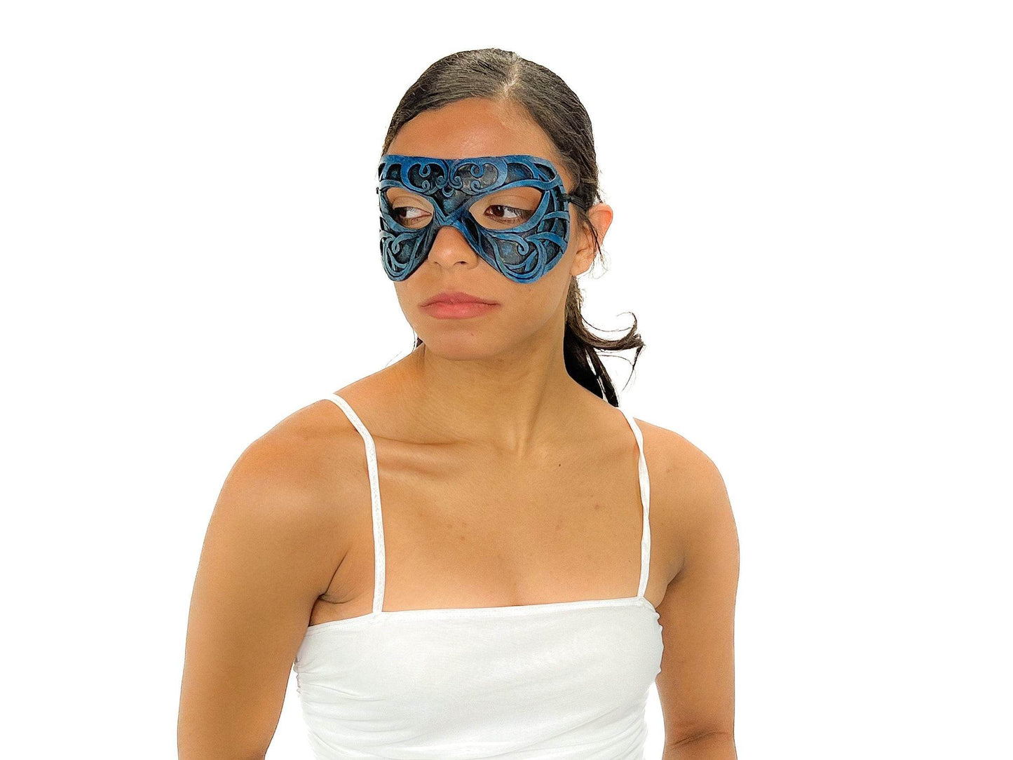 Dual Layer Ornate Masquerade Handmade Genuine Leather Eye Mask in Blue and Black - 