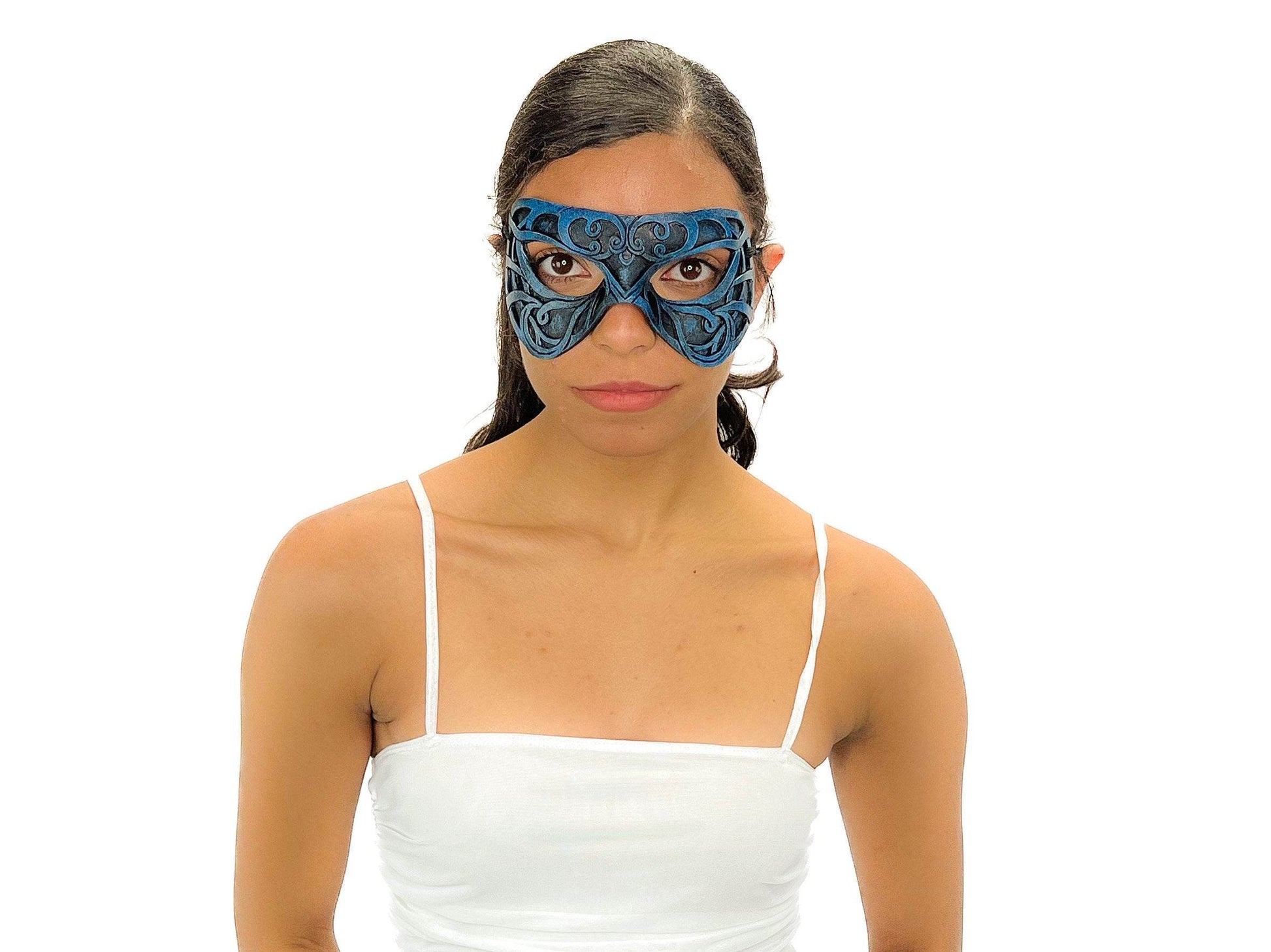 Dual Layer Ornate Masquerade Handmade Genuine Leather Eye Mask in Blue and Black - 