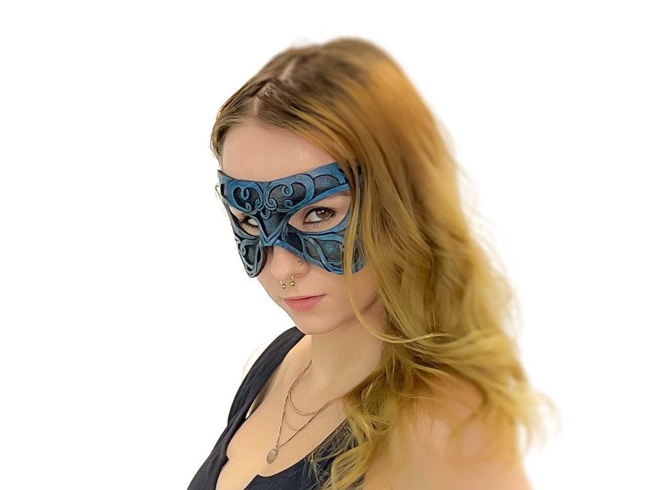 Dual Layer Ornate Masquerade Handmade Genuine Leather Eye Mask in Blue and Black - 