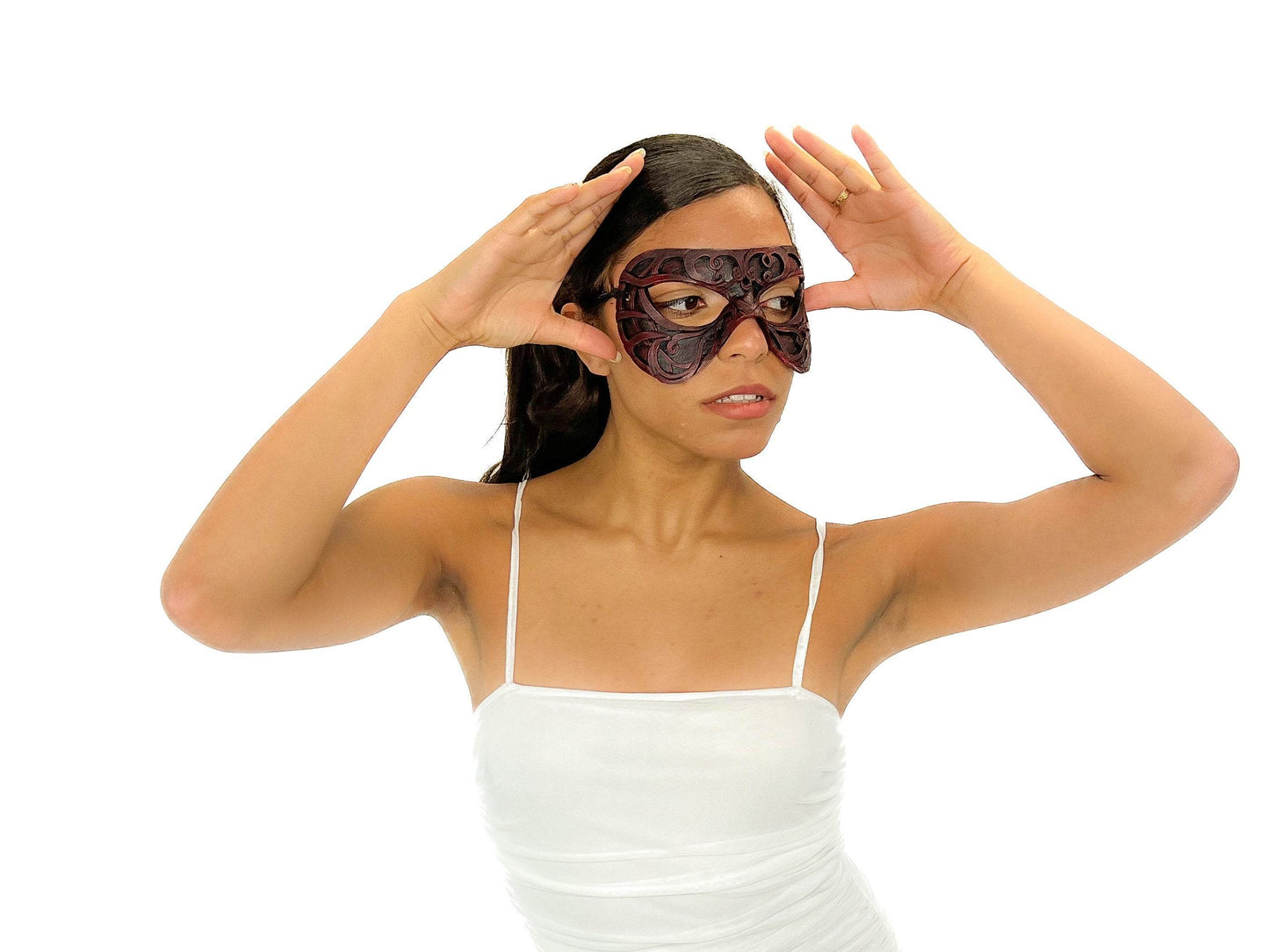 Dual Layer Ornate Masquerade Handmade Genuine Leather Eye Mask in Red - 