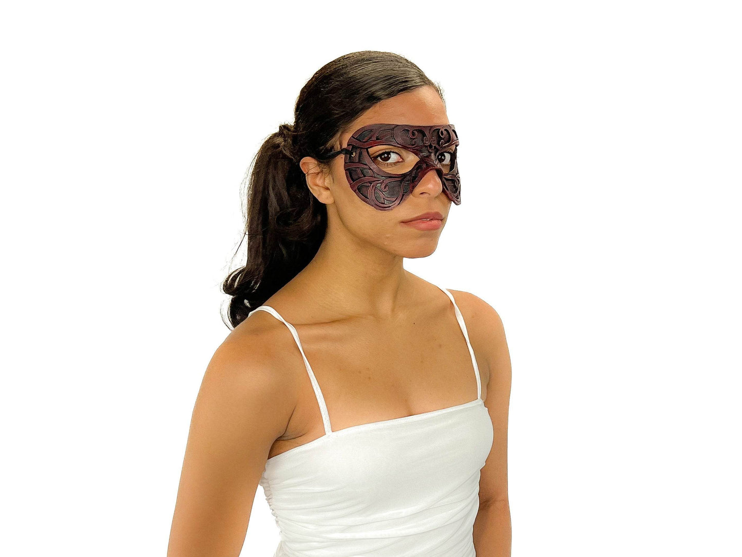 Dual Layer Ornate Masquerade Handmade Genuine Leather Eye Mask in Red - 