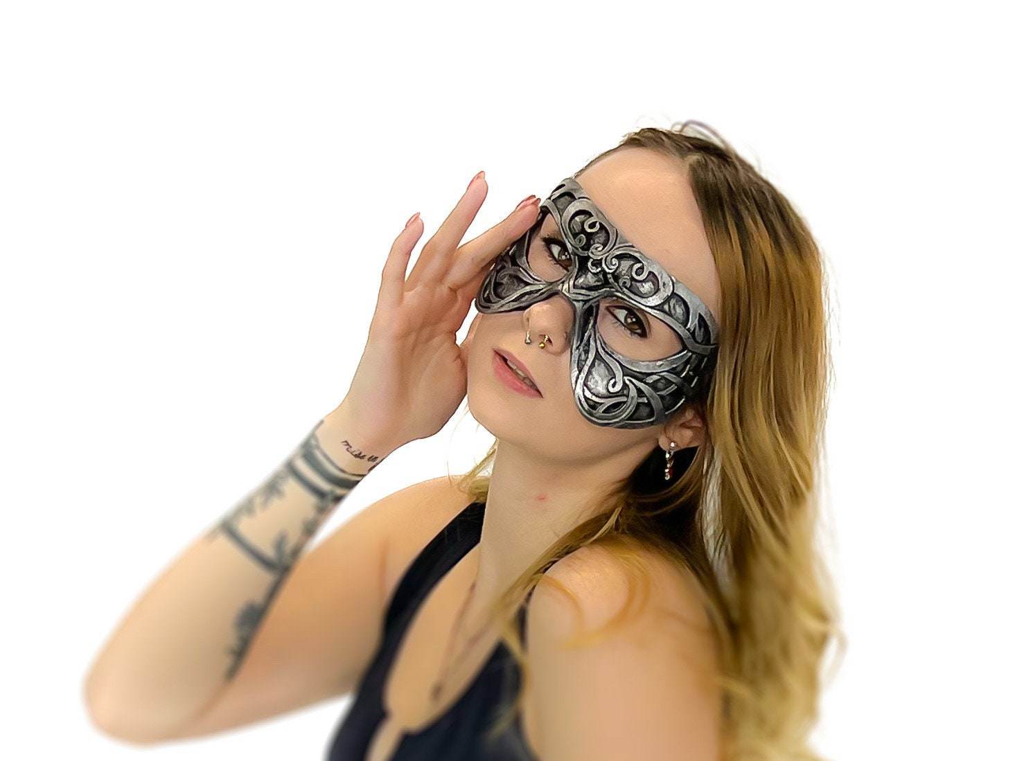 Dual Layer Ornate Masquerade Handmade Genuine Leather Eye Mask in Silver - 
