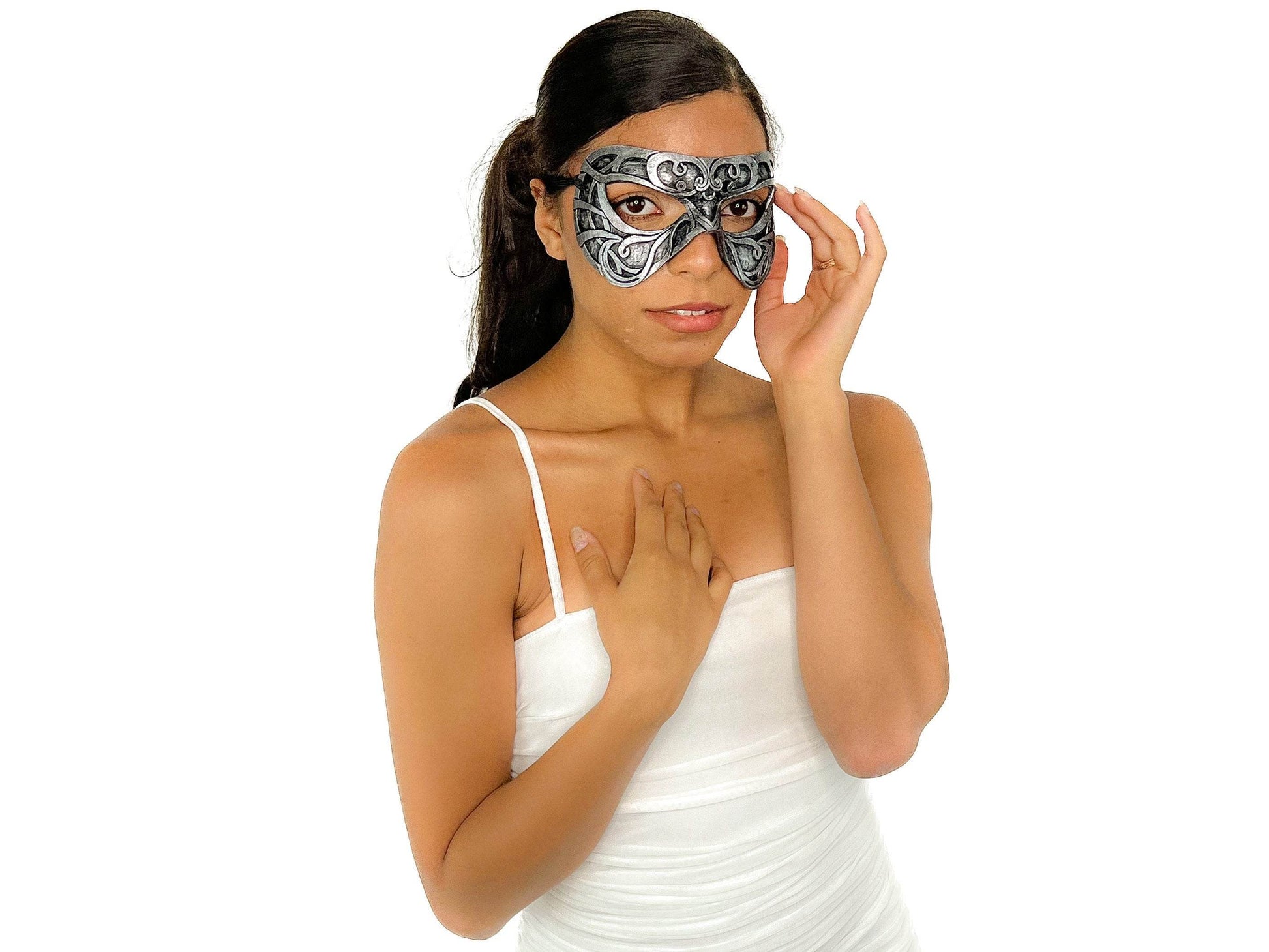 Dual Layer Ornate Masquerade Handmade Genuine Leather Eye Mask in Silver - 