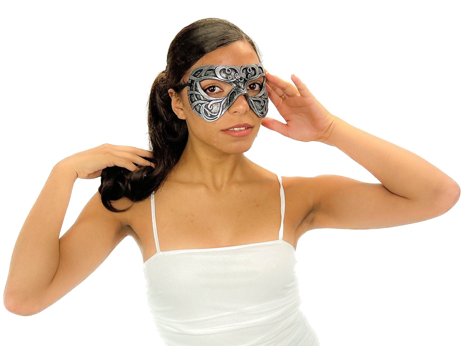 Dual Layer Ornate Masquerade Handmade Genuine Leather Eye Mask in Silver - 