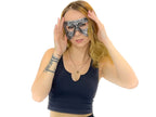 Dual Layer Ornate Masquerade Handmade Genuine Leather Eye Mask in Silver - 