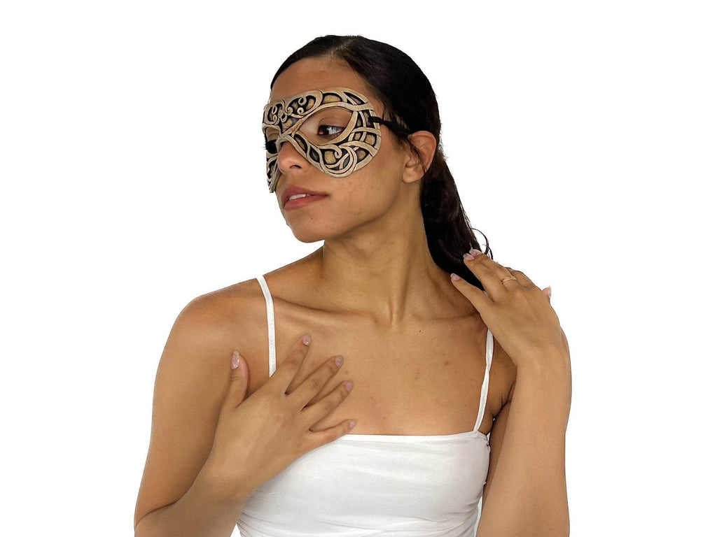Dual Layer Ornate Masquerade Handmade Genuine Leather Eye Mask in Vintage Cream - 