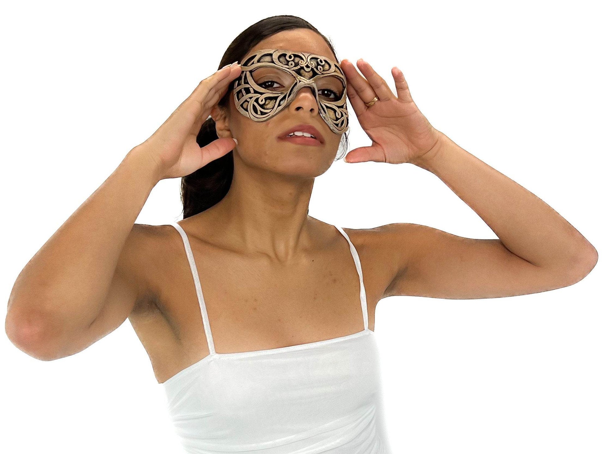 Dual Layer Ornate Masquerade Handmade Genuine Leather Eye Mask in Vintage Cream - 