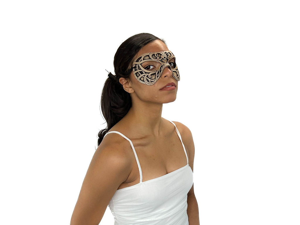 Dual Layer Ornate Masquerade Handmade Genuine Leather Eye Mask in Vintage Cream - 