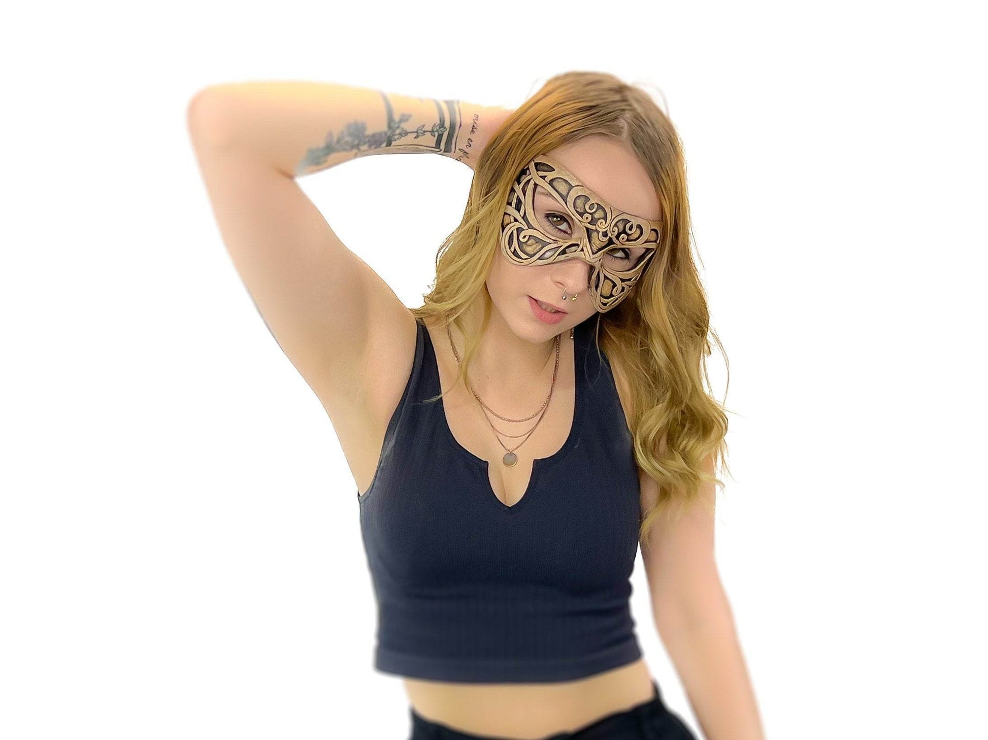 Dual Layer Ornate Masquerade Handmade Genuine Leather Eye Mask in Vintage Cream - 