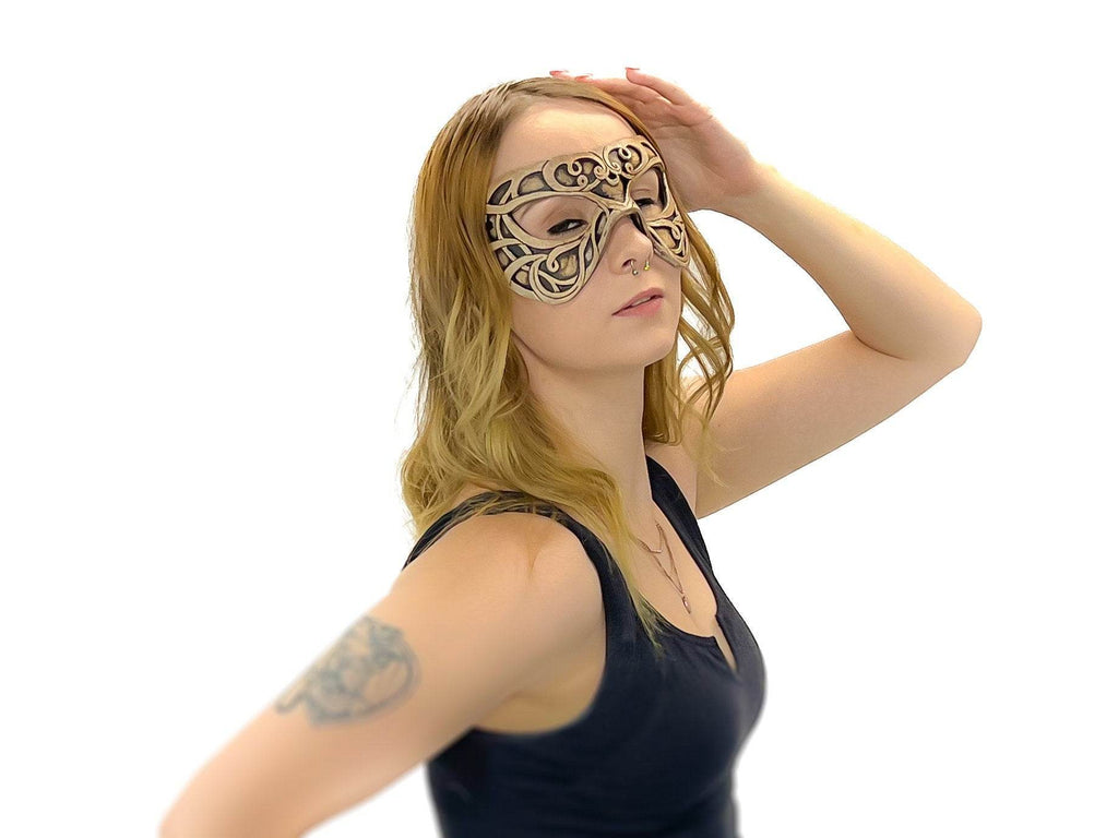 Dual Layer Ornate Masquerade Handmade Genuine Leather Eye Mask in Vintage Cream - 