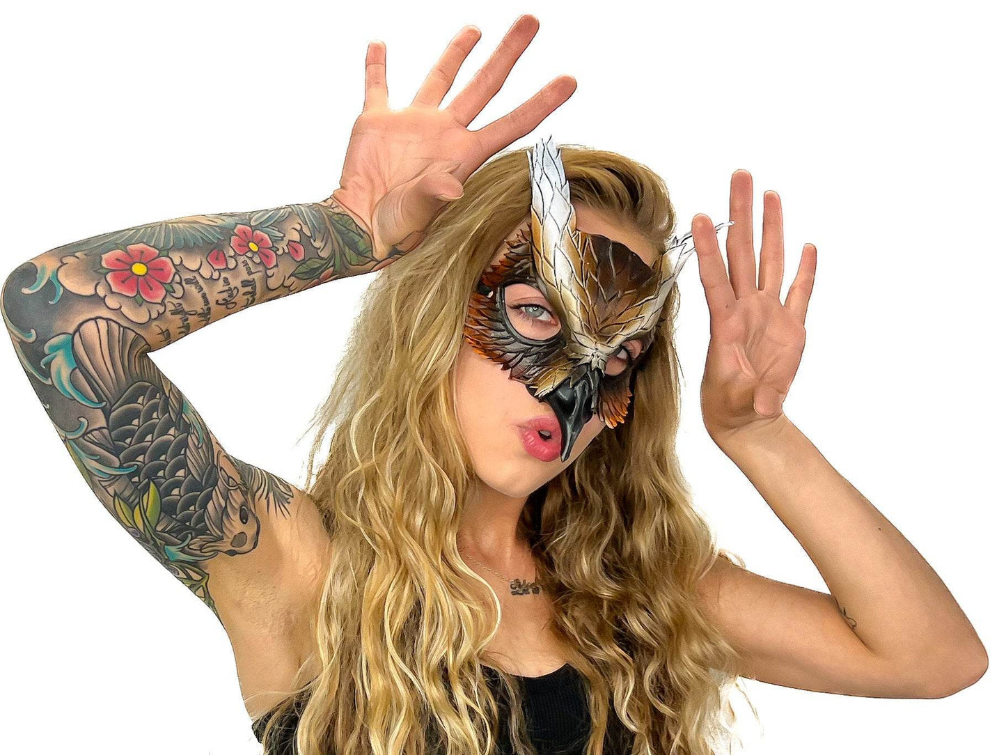 Layered Eagle Owl Handmade Genuine Leather Mask - 