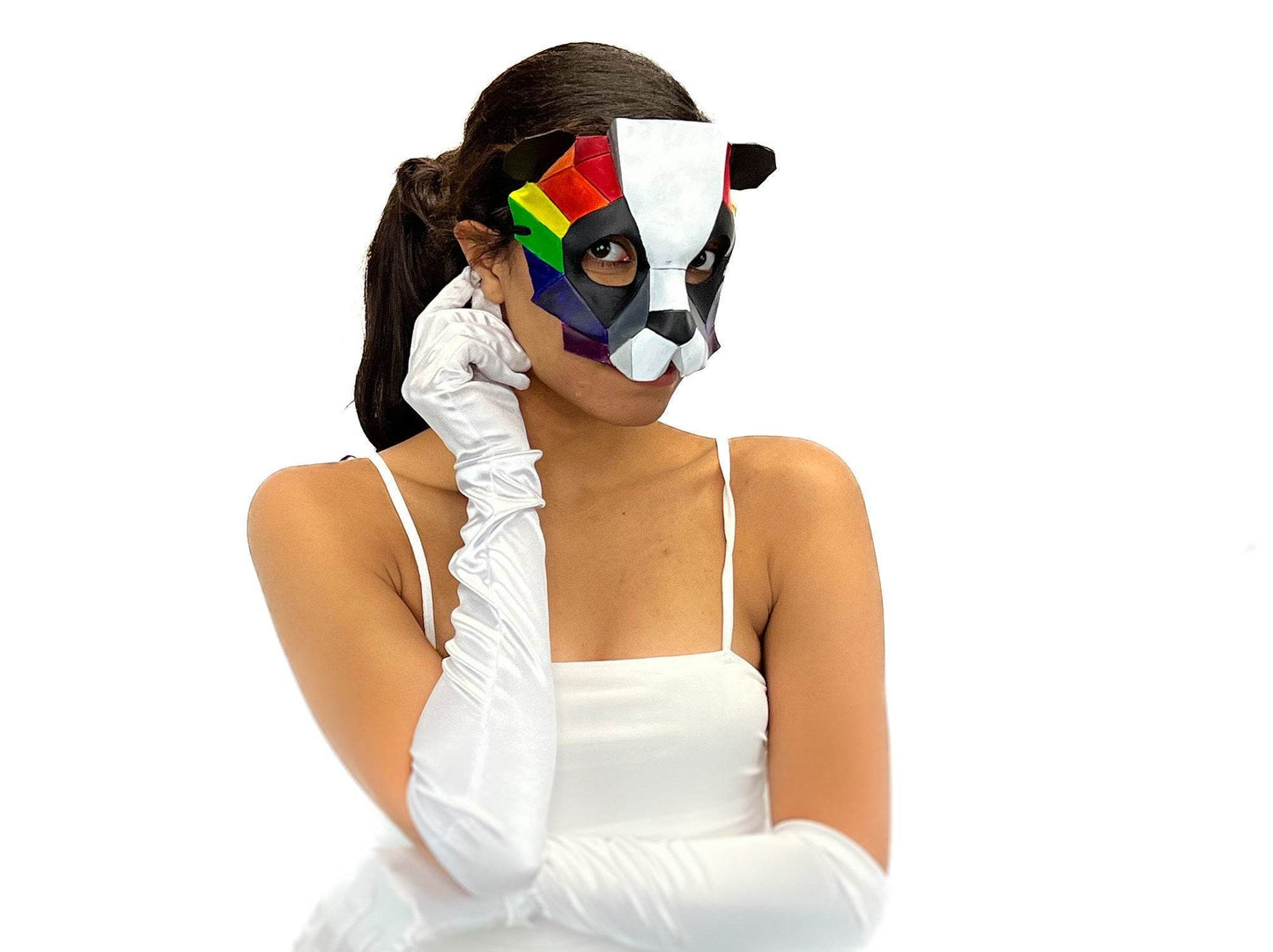 Geometric Rainbow Panda Bear Leather Mask - 