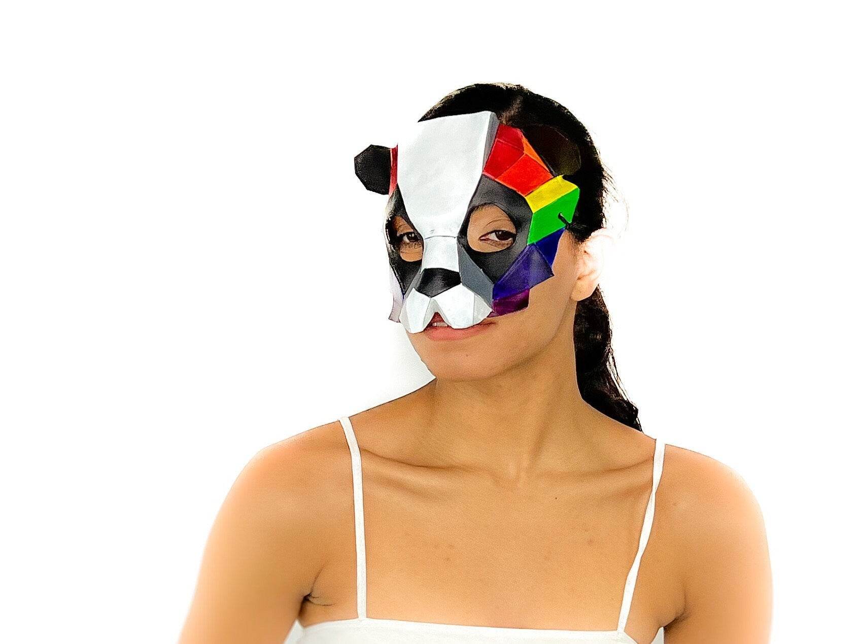 Geometric Rainbow Panda Bear Leather Mask - 