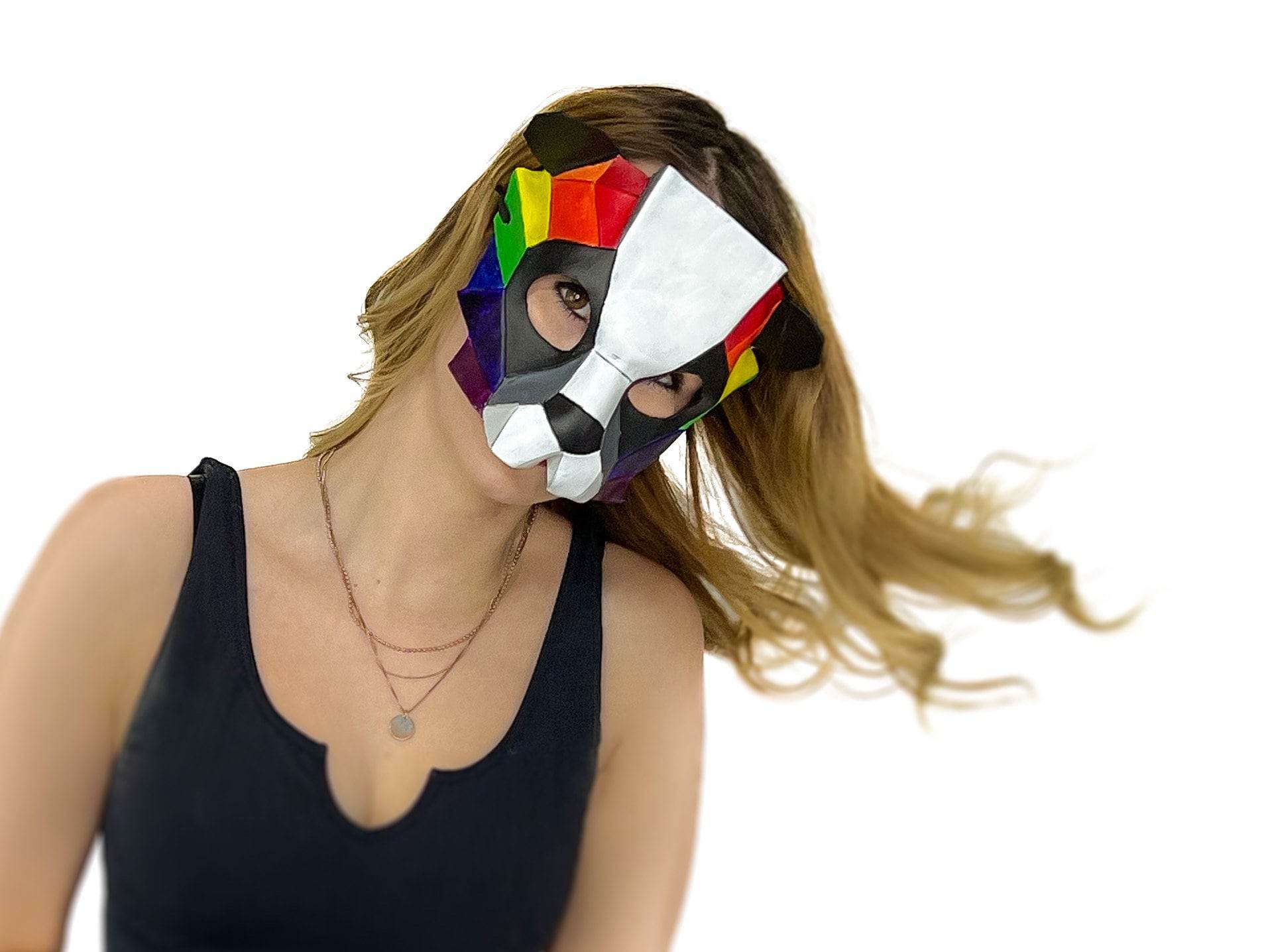 Geometric Rainbow Panda Bear Leather Mask - 