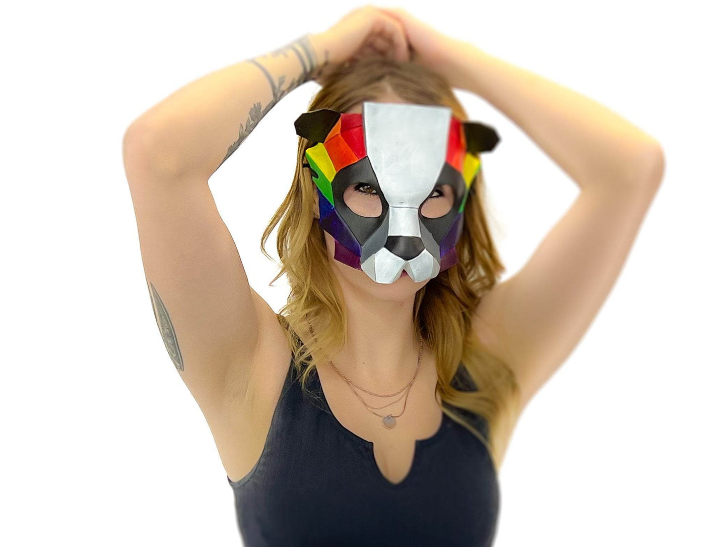 Geometric Rainbow Panda Bear Leather Mask - 