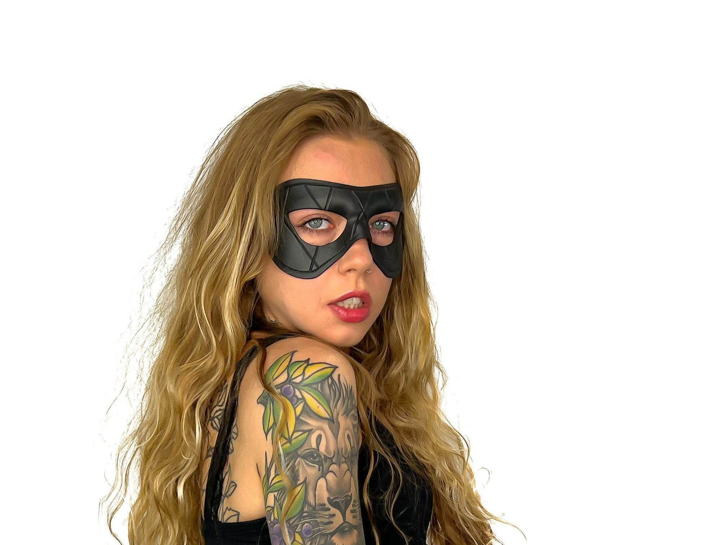 Compact Harlequin Handmade Genuine Leather Mask in Solid Black - 