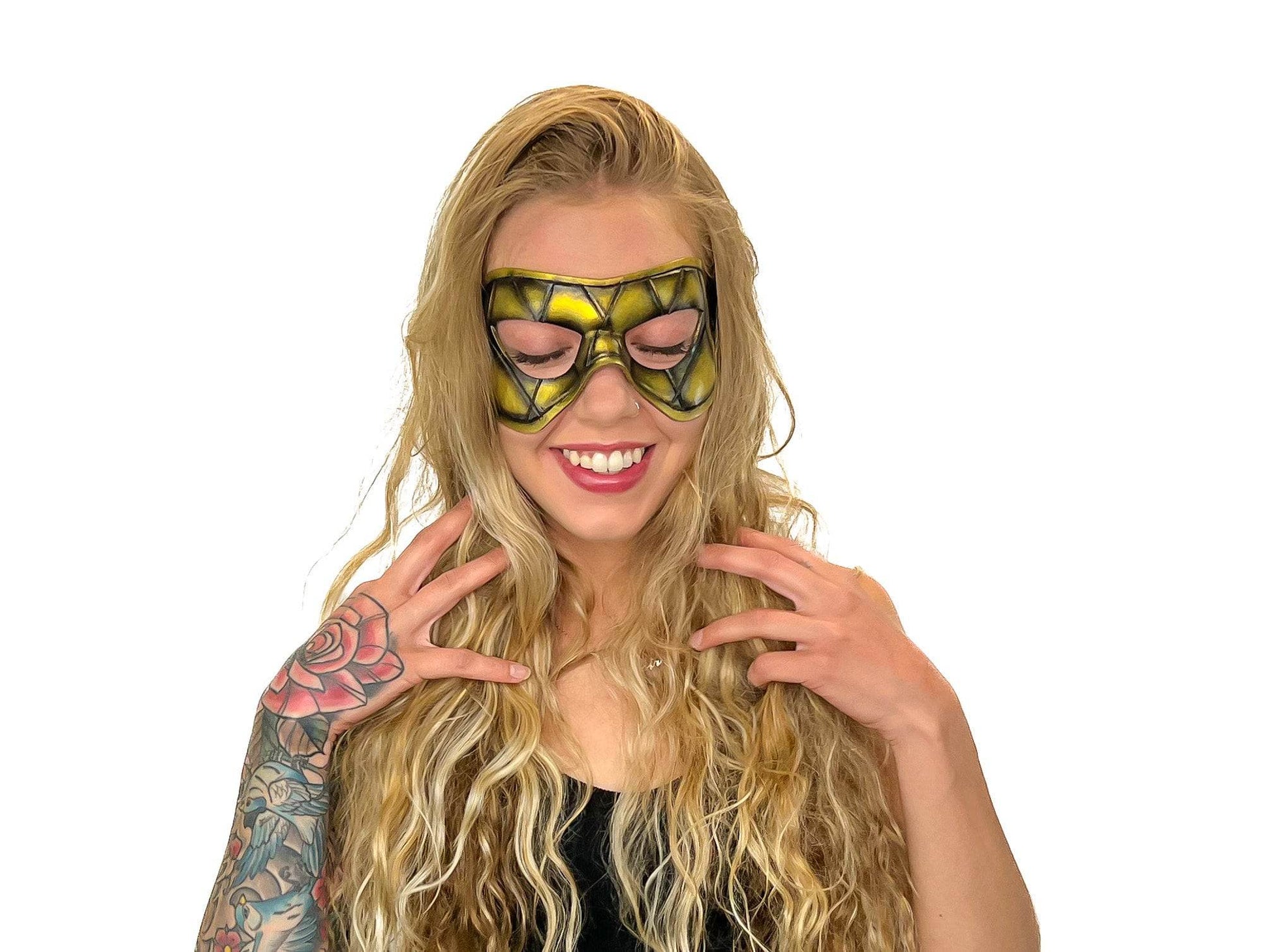 Compact Harlequin Handmade Genuine Leather Mask in Gold - 