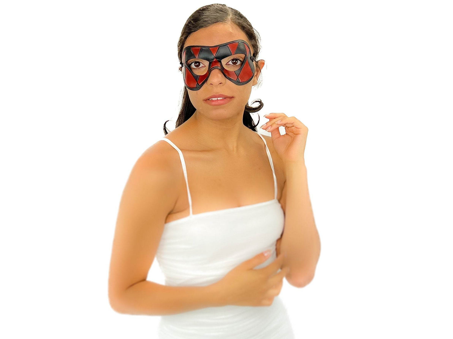 Compact Harlequin Handmade Genuine Leather Mask in Red and Black - 