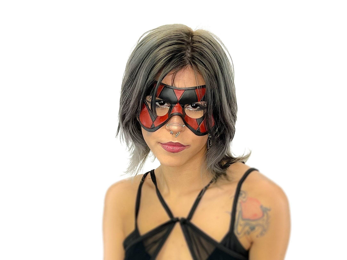 Compact Harlequin Handmade Genuine Leather Mask in Red and Black - 