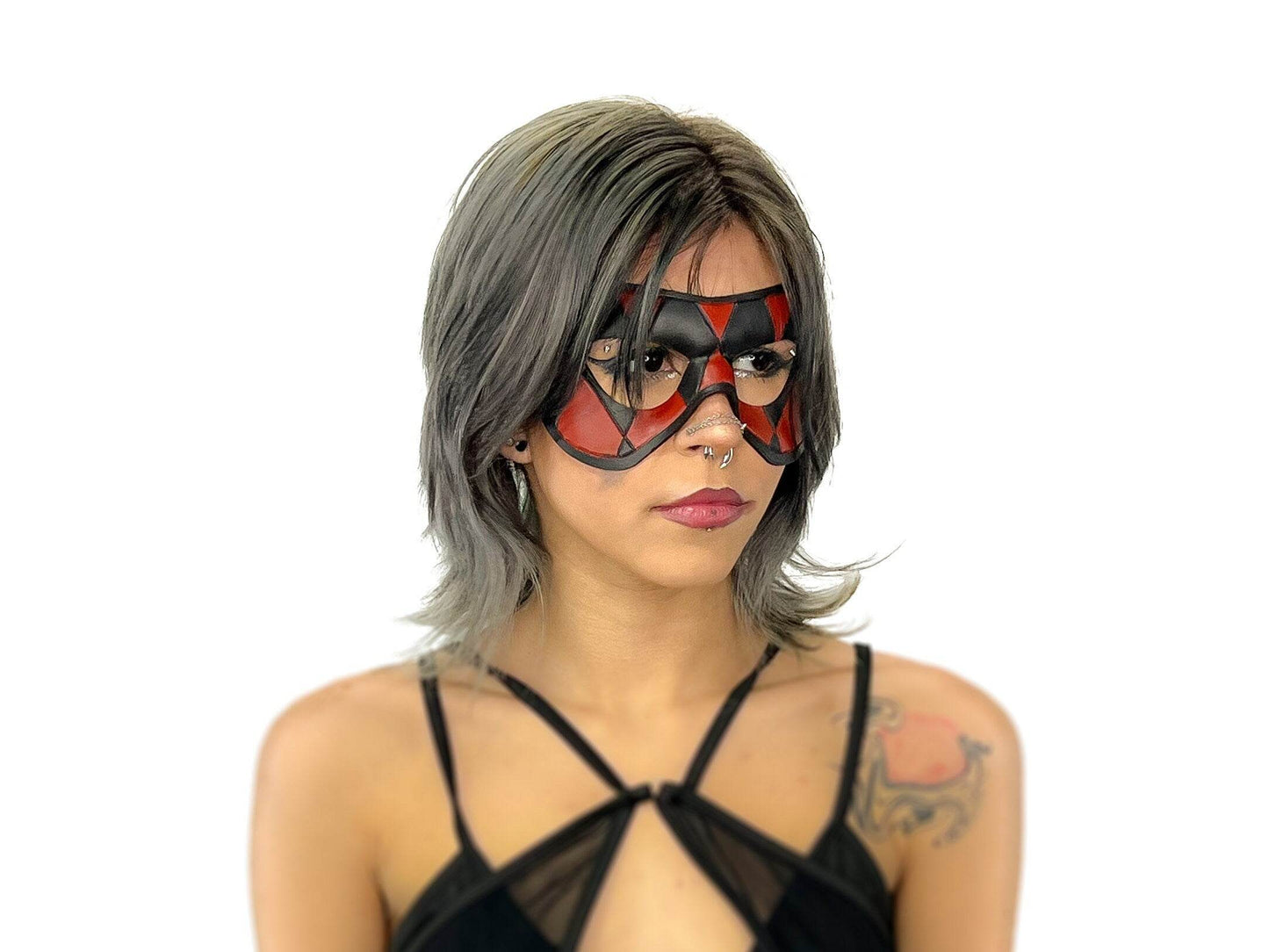 Compact Harlequin Handmade Genuine Leather Mask in Red and Black - 