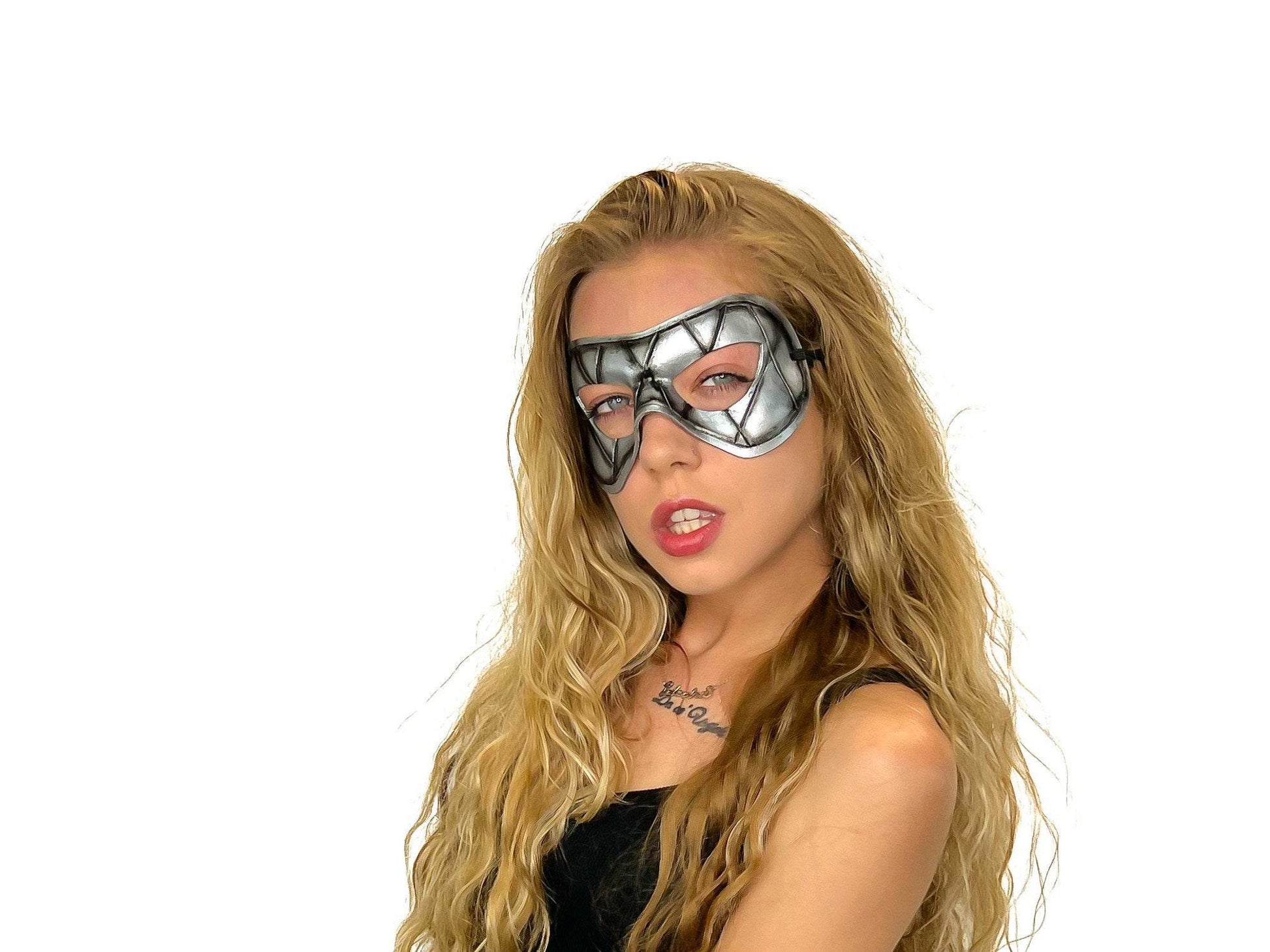 Compact Harlequin Handmade Genuine Leather Mask in Silver - 