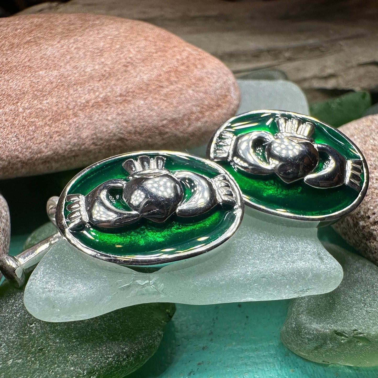 Emerald Green Claddagh Cuff Links - 