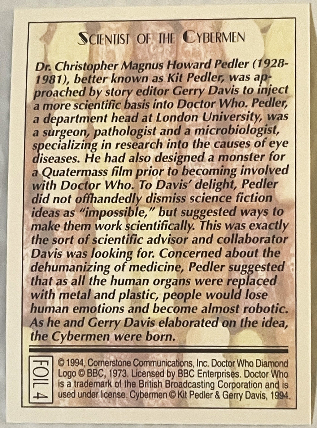 🤖 Vintage 1994 Doctor Who Cybermen Foil Trading Card — Card 4 of 6