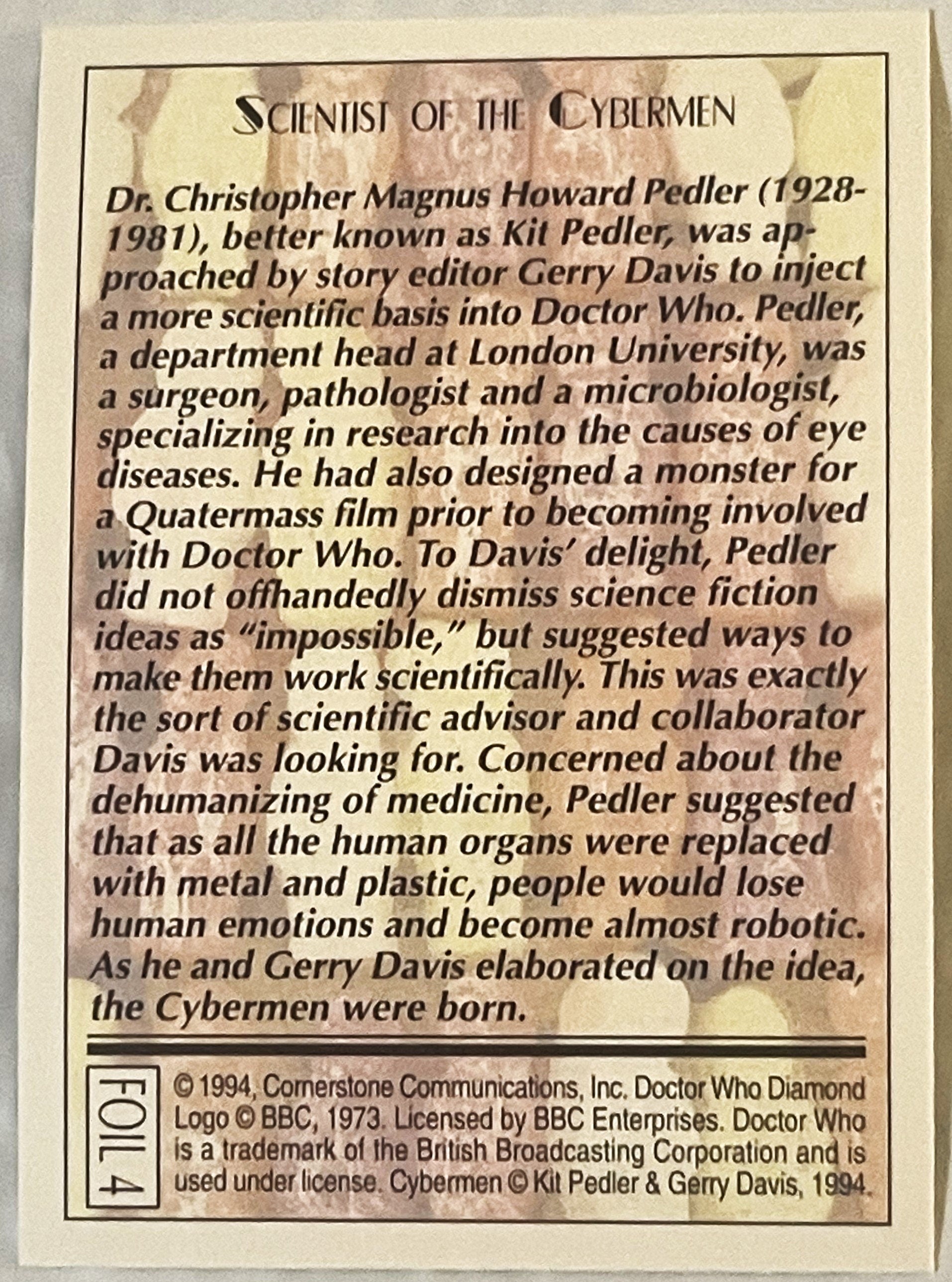 🤖 Vintage 1994 Doctor Who Cybermen Foil Trading Card — Card 4 of 6