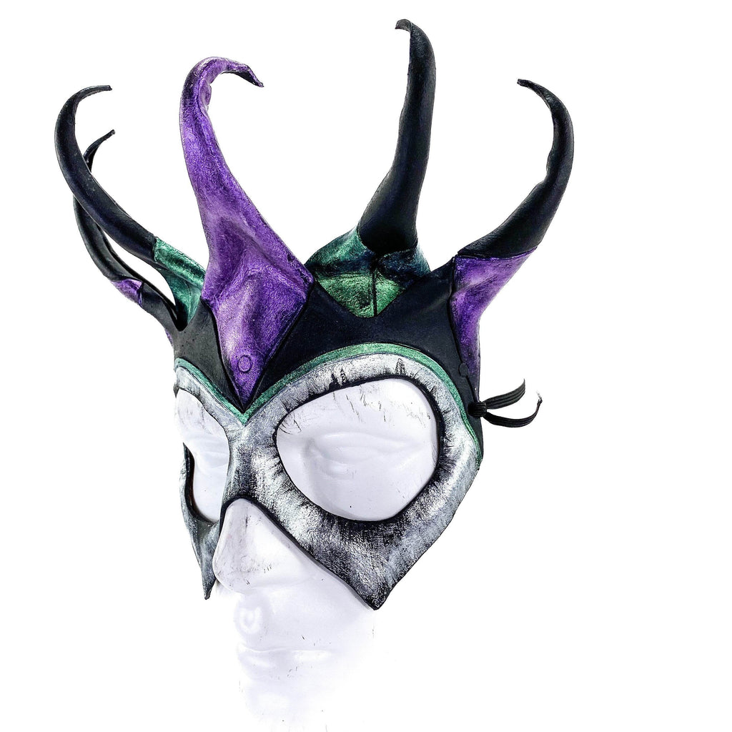 Five Point Jester Eye Mask in Purple and Green - Handmade Genuine Leather - 