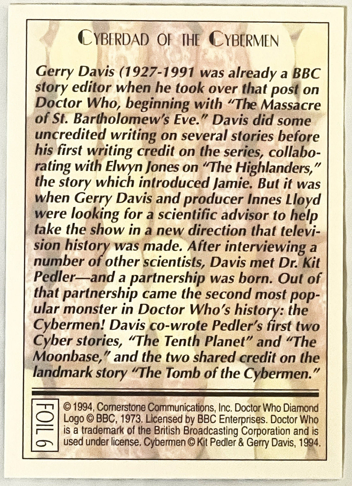 Vintage 1994 Doctor Who Cybermen Foil Trading Card 🤖 Card 6 of 6