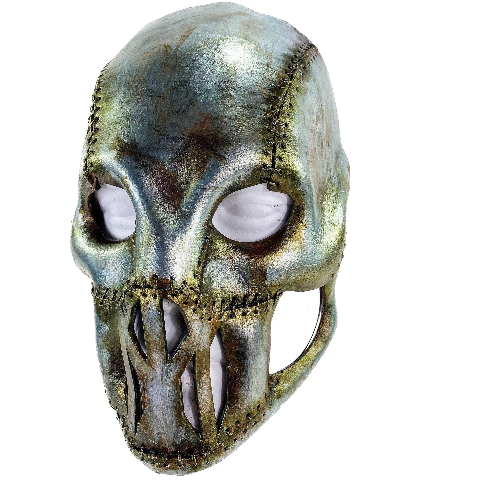 Invader - Genuine Leather Mask in Corroded Metallic Paint - Handmade Full Face Cover for Halloween, Performance or Cosplay - 