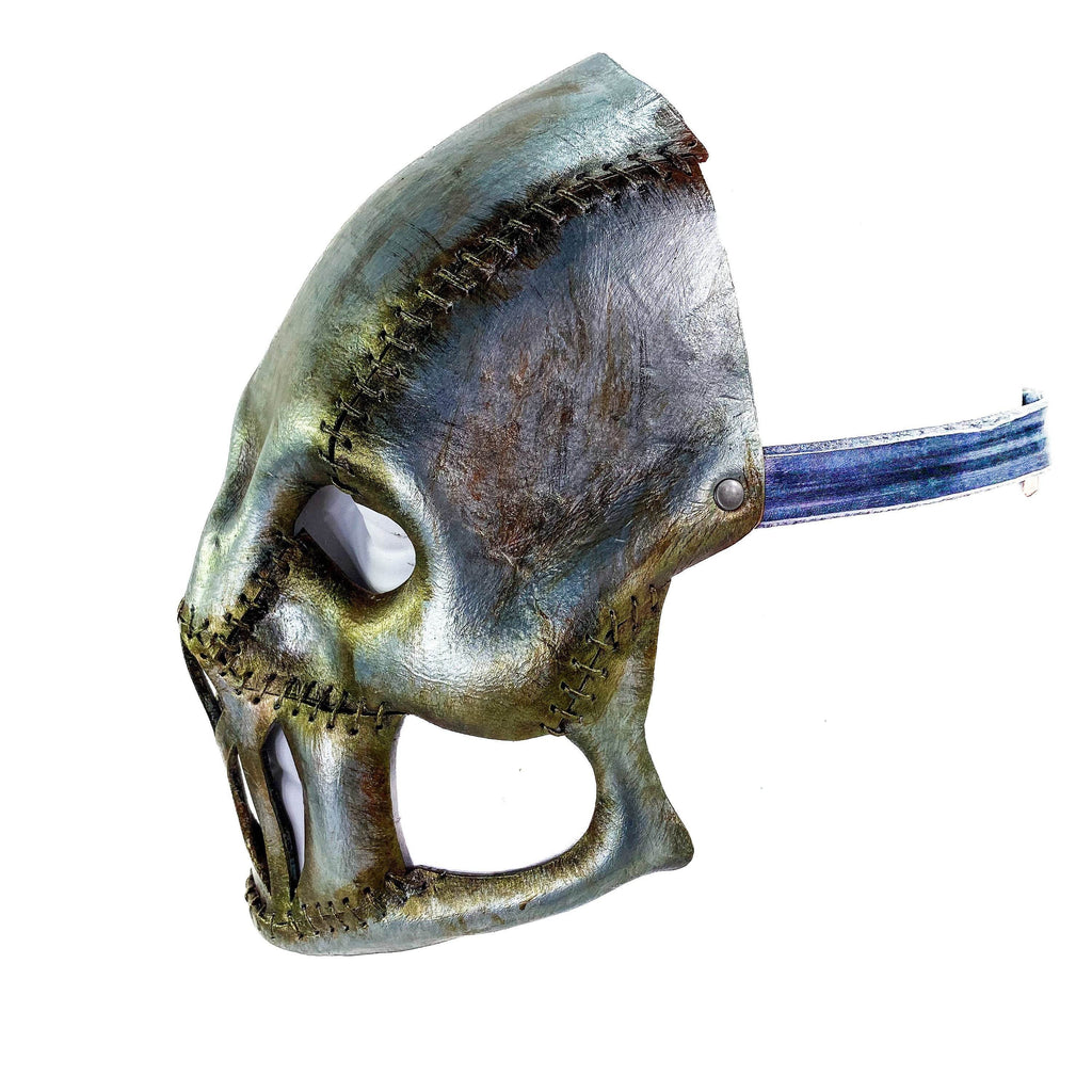 Invader - Genuine Leather Mask in Corroded Metallic Paint - Handmade Full Face Cover for Halloween, Performance or Cosplay - 