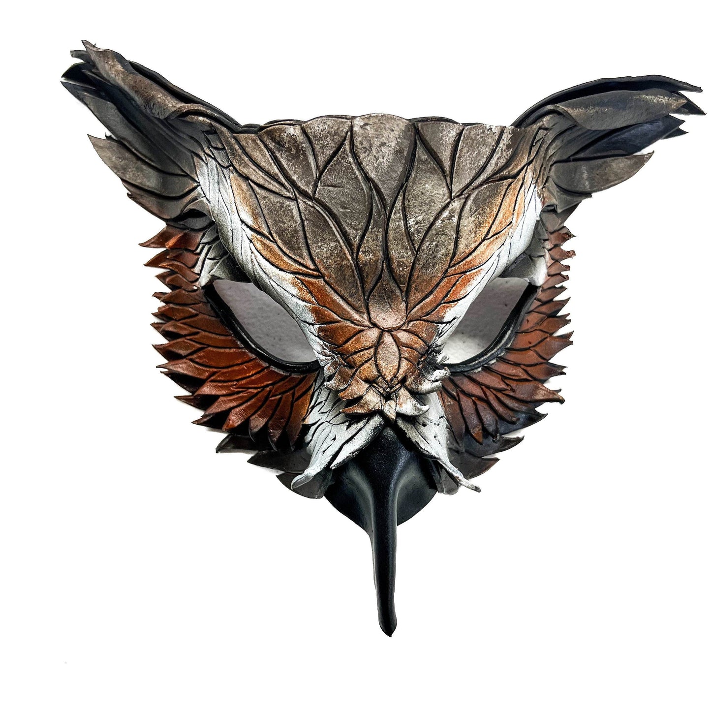 Layered Horned Owl Handmade Genuine Leather Mask - 