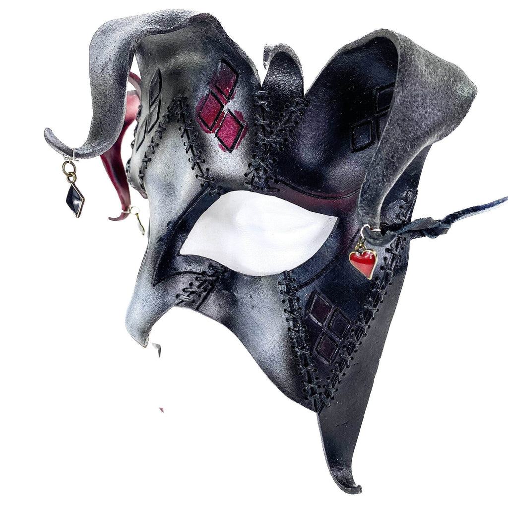 The Joker's Card - Grungy Joker Jester Handmade Genuine Leather Mask in Red with Charms - 
