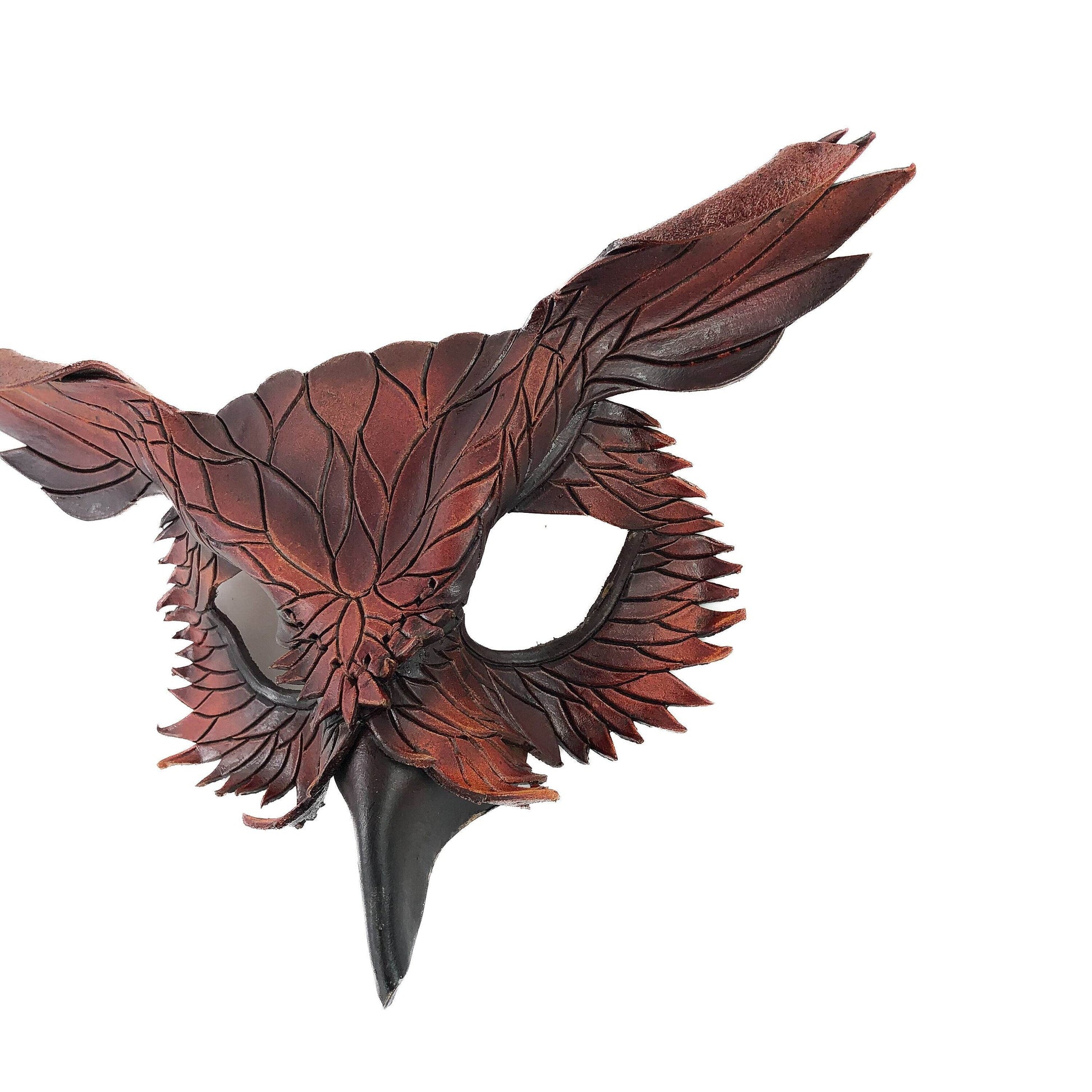 Layered Horned Owl Handmade Genuine Leather Mask - 
