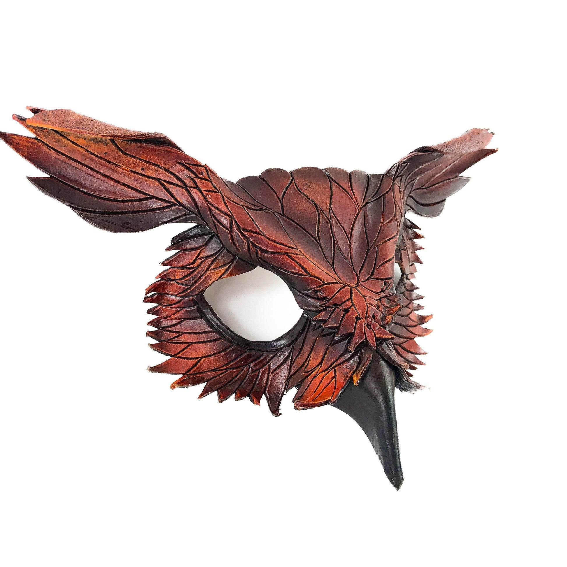 Layered Horned Owl Handmade Genuine Leather Mask - 