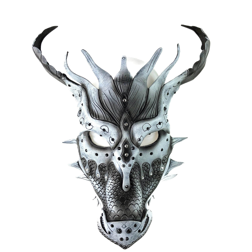 Grey Ancient Dragon Leather Mask with Swarovski Crystals - 