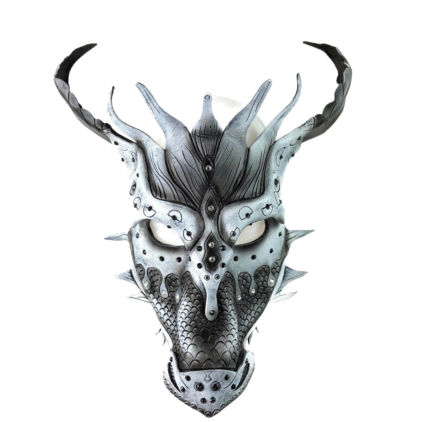 Grey Ancient Dragon Leather Mask with Swarovski Crystals - 