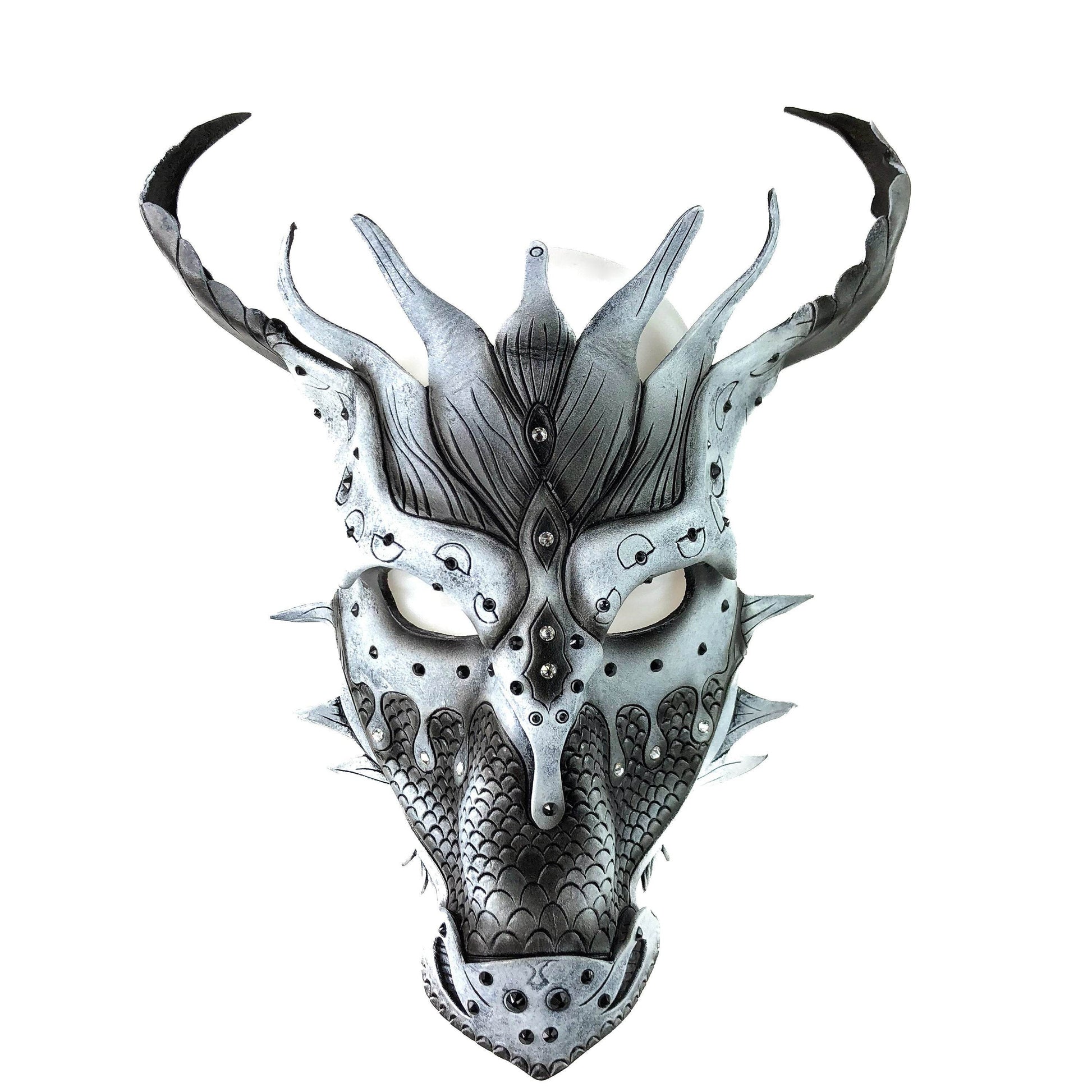 Grey Ancient Dragon Leather Mask with Swarovski Crystals - 