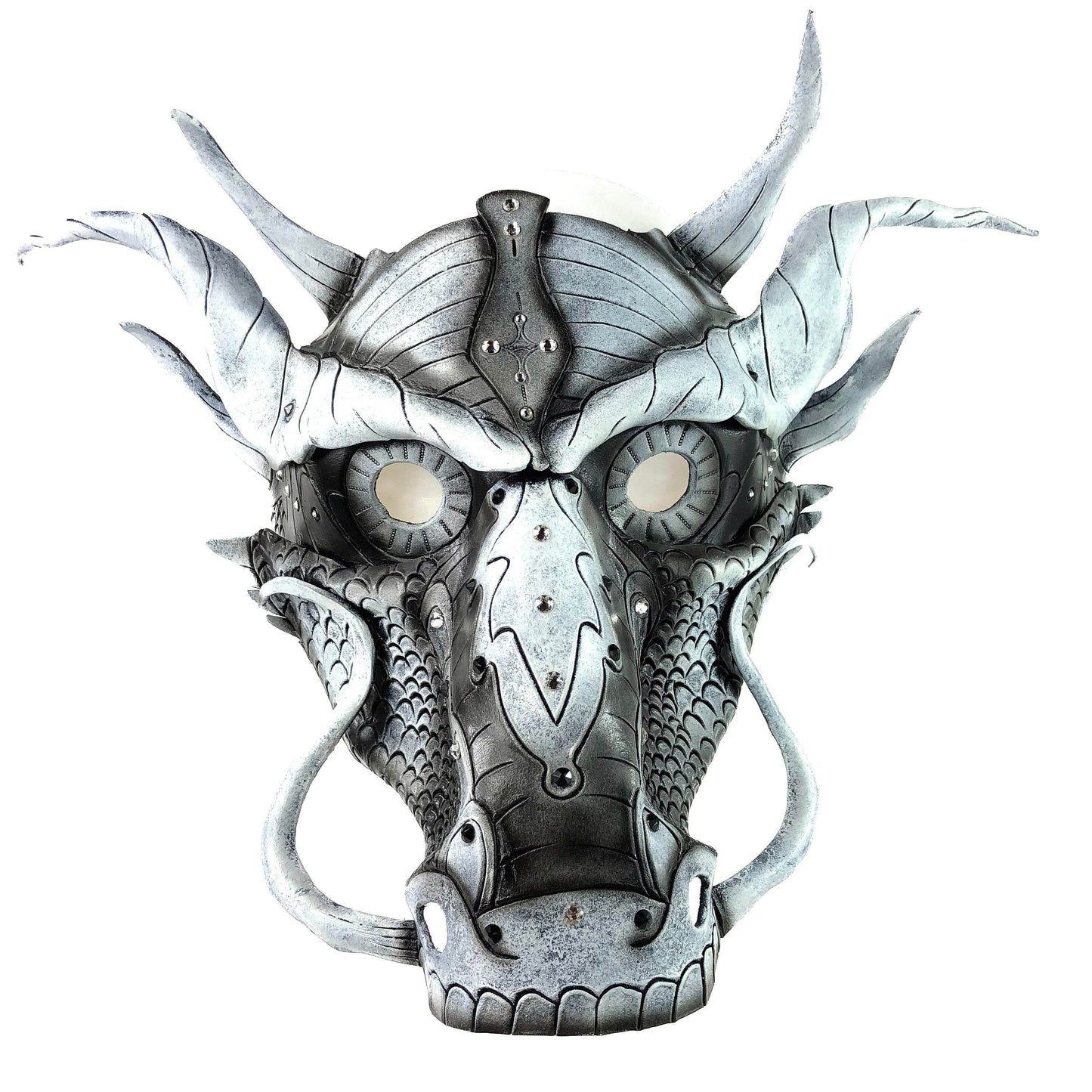 Grey Ancient Dragon Leather Mask with Swarovski Crystals - 