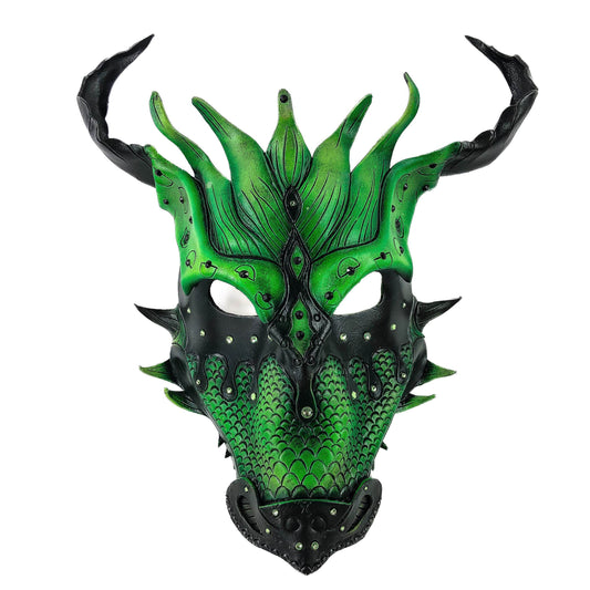 Green Ancient Dragon Leather Mask with Swarovski Crystals - 