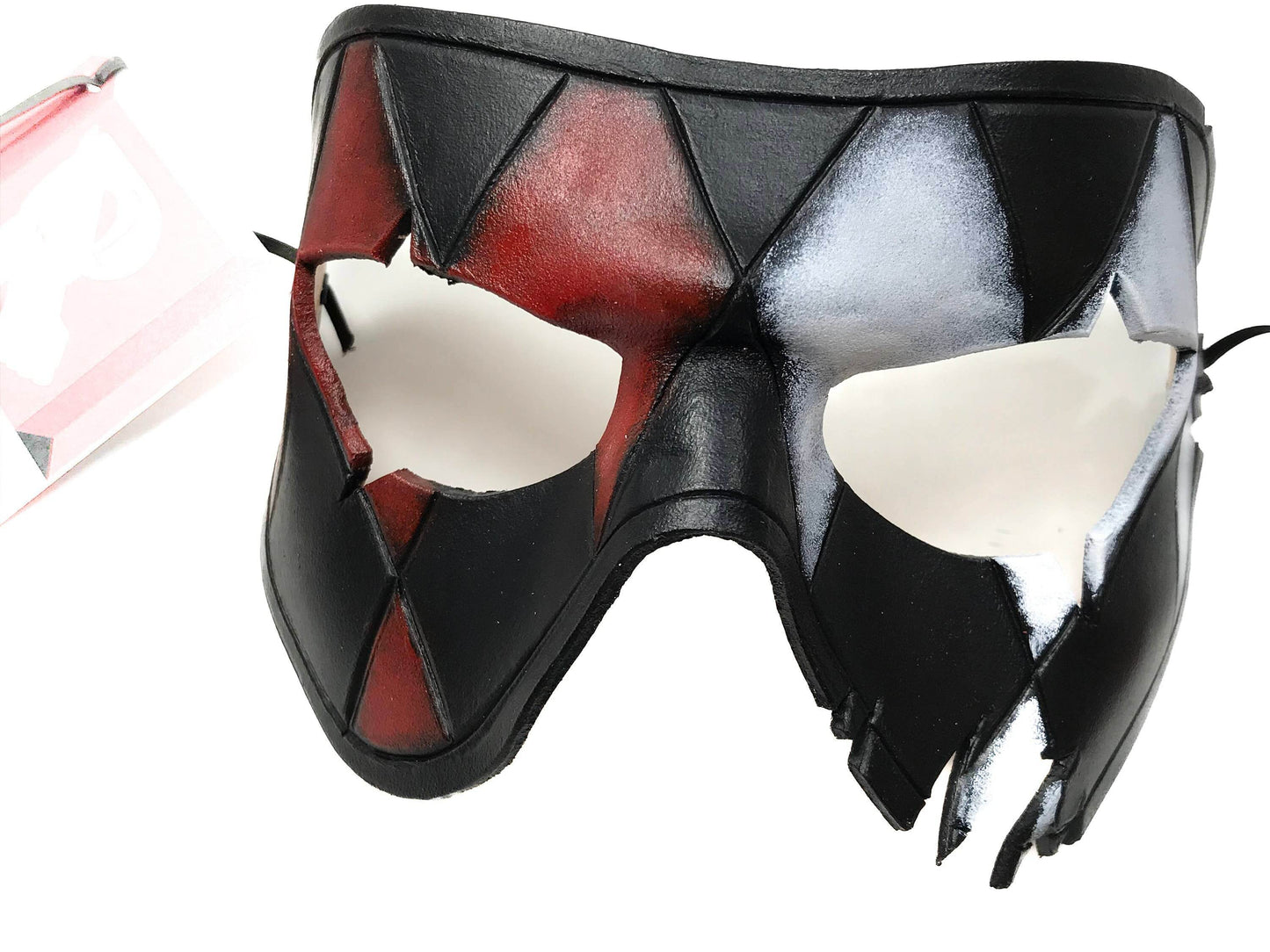 Harlequin Handmade Genuine Leather Mask in Red White Black and Gold - 