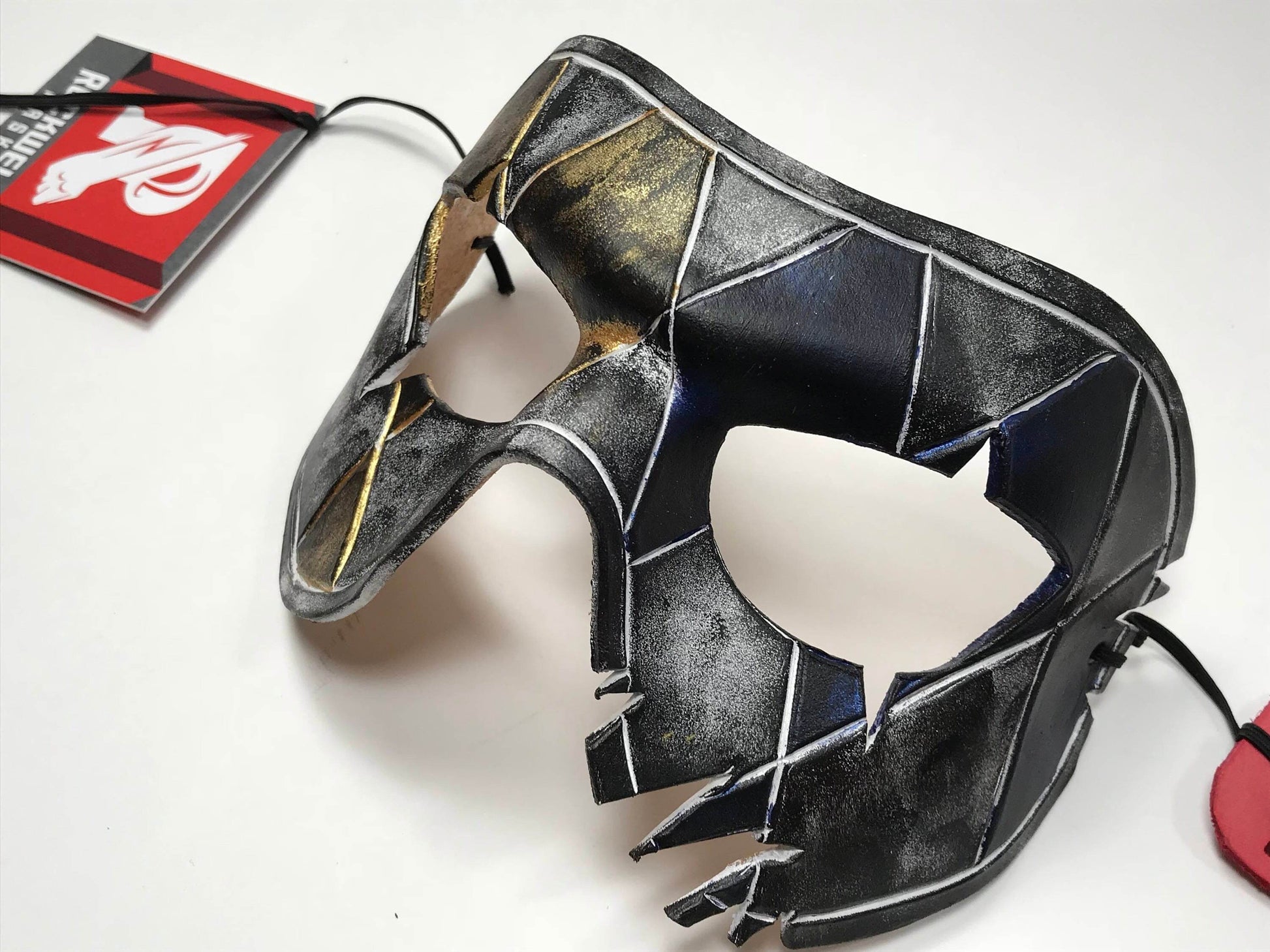 Harlequin Handmade Genuine Leather Mask in Blue White Black and Gold - 